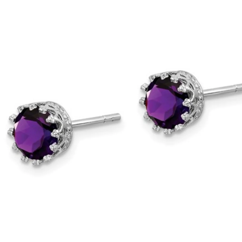 Jewelry Vine Amethyst Crown Stud Earrings in Rhodium Plated Sterling Silver